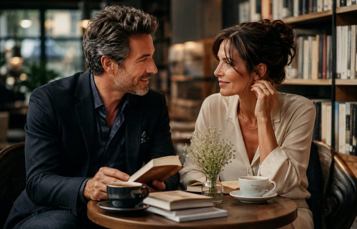 A couple talking over coffee beside bookshelves