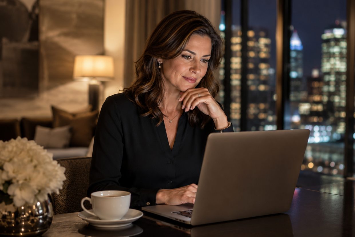 A woman using a laptop at a café table