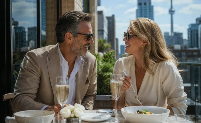 Two people talking over lunch beside a window