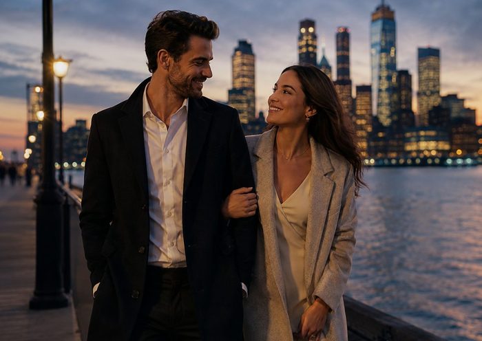 A couple walking together beside the water at dusk